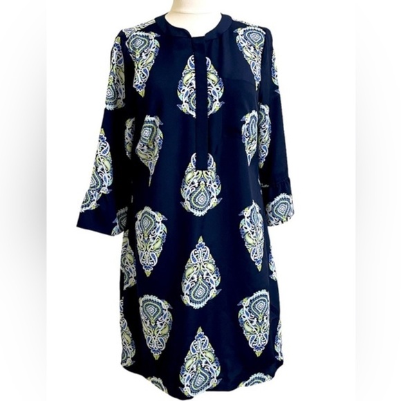 Crown & Ivy shift dress, size 12.  Navy blue with a light blue and green print. - Picture 1 of 8